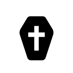 A black coffin with a white cross on its front, isolated on a white background.