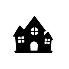 Silhouette illustration of a spooky, stylized house with windows and an arched doorway, isolated.