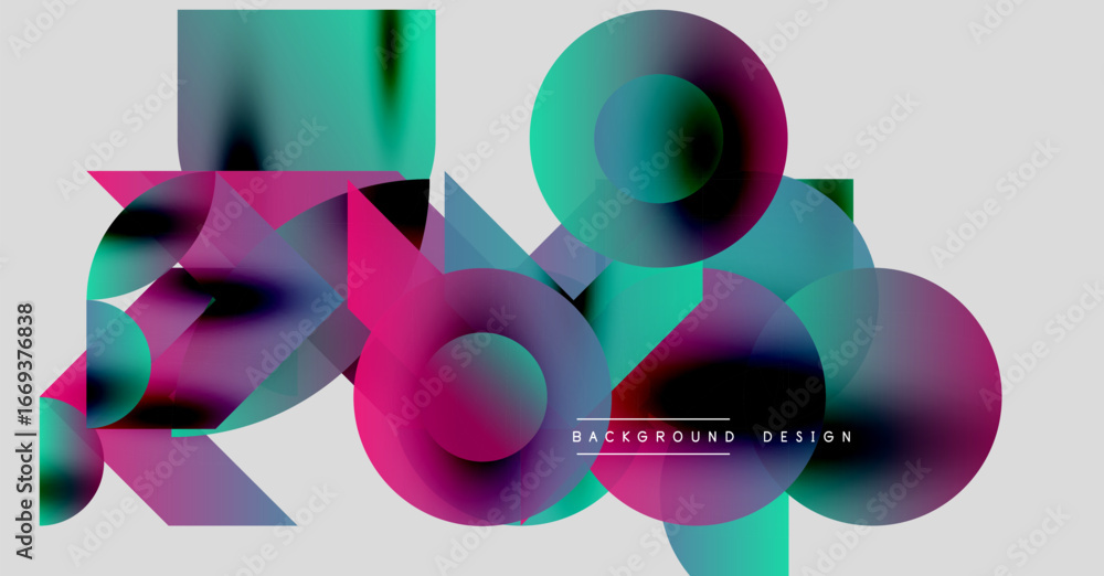 Poster abstract geometric shapes overlap, creating vibrant color gradients. design features circles, square