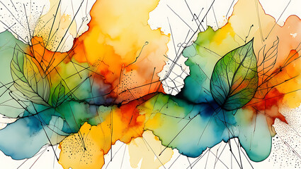 Vibrant watercolor leaves with dynamic ink strokes create stunning abstract nature art for modern design projects and creative backgrounds