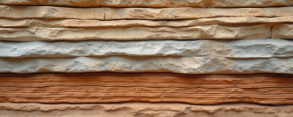 Textured rock layers in earthy tones display geological formations, distinct strata. Rugged surface features natural pattern of sedimentary deposits, revealing earths raw, solid structure, organic