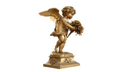 Gilded cherub holding roses on ornate pedestal isolated on a transparent background gold statue