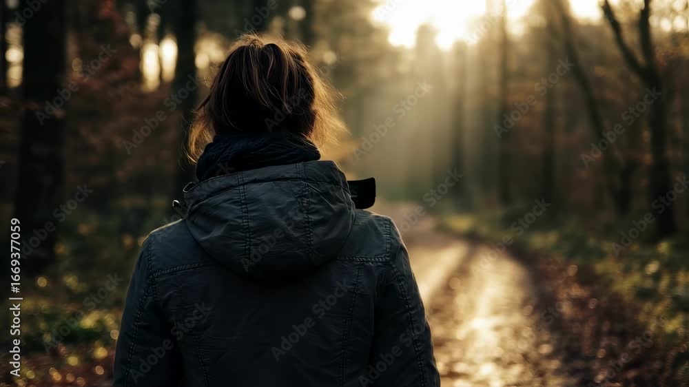 Aufkleber a contemplative figure standing on a sundappled forest path slightly out of focus background embodyi