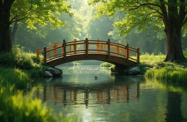 Fototapeta premium Wooden arched bridge spans tranquil pond surrounded by rich green trees, grass. Sunlight filters through leaves, creating peaceful, serene atmosphere. Scenic landscape offers calm, natural escape,