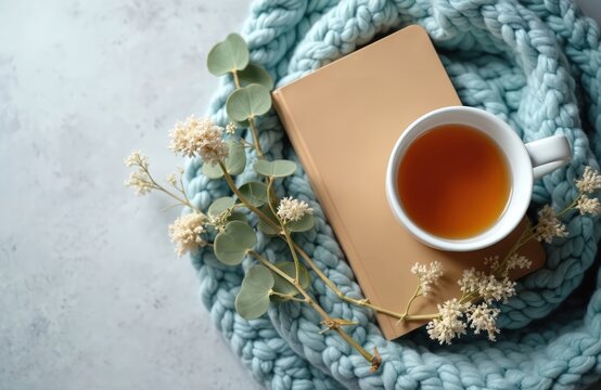 Morning routine scene featuring a person practicing gratitude journaling with herbal tea. Calm reflection and peacefulness embrace quiet moments for inner harmony and well-being.