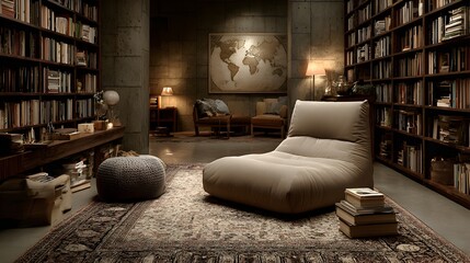 A cozy reading nook with bookshelves, a comfortable lounge chair, and a vintage world map adorns the wall.