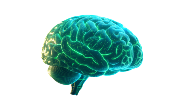 Glowing neon green and blue holographic brain isolated on a transparent background image