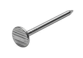 Isolated Close-up Shot of a Flat Head Nail with Ridges on the Head and a Smooth, Round Shank, Resting Against a White Background