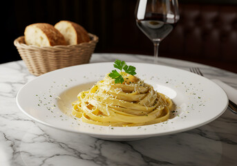 Delicious fettuccine alfredo pasta with bread and wine restaurant meal