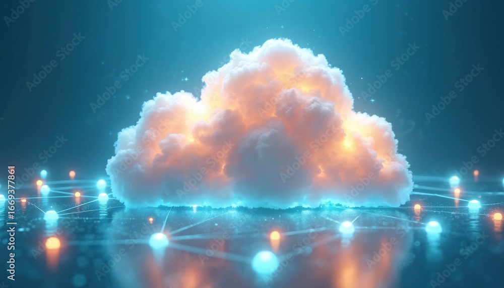 Poster digital illustration of cloud computing technology. luminous orange, white cloud connected by glowin