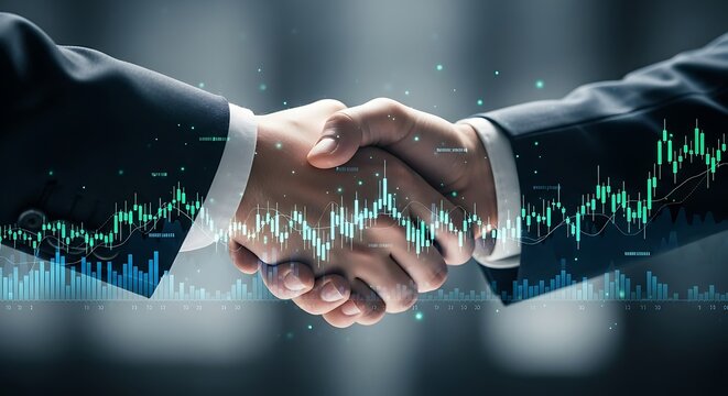 Strategic business handshake with market graph overlay symbolizing partnership success and financial growth