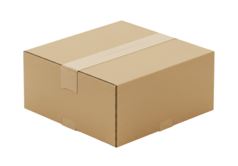 Isolated cardboard box with packing tape on white background, packaging of goods, delivery concept