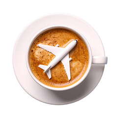 Airplane model in top view designs created on top of espresso based drinks lattes in white coffee cup on Transparent Background.	