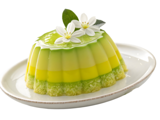 Layered lemon yellow lime green gelatin dessert with white flowers isolated on a transparent background