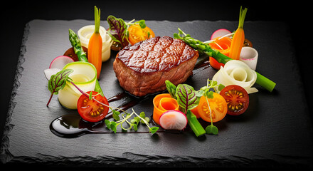 Delicious steak dinner with fresh vegetables gourmet food on a black stone plate
