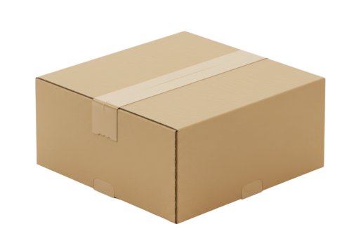 Isolated cardboard box with packing tape on white background, packaging of goods, delivery concept