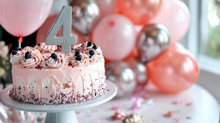 Pink birthday cake with berries and number four topper for fourth birthday celebration