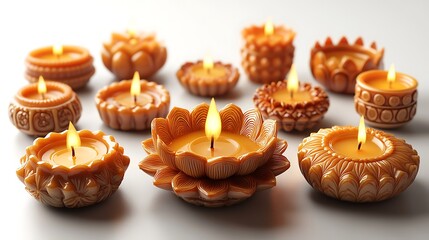 Group of intricately carved orange wax candles with burning flames image