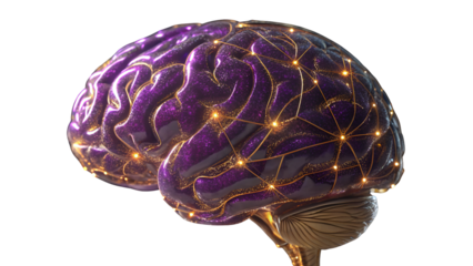 Luminous purple brain network isolated on a transparent background gold
