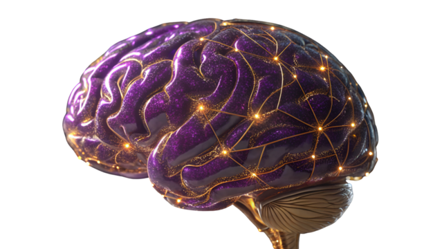 Luminous purple brain network isolated on a transparent background gold