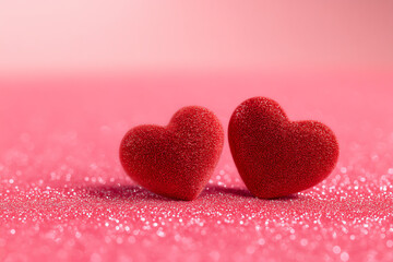 Obraz premium Two glittery red hearts placed closely on a sparkling pink surface, symbolizing love and romance with a soft, dreamy background