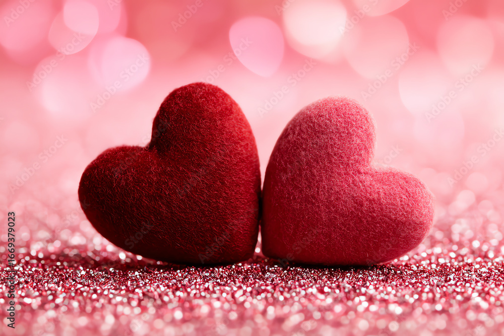 Poster two soft, fuzzy hearts in red and pink sit side by side on a sparkling pink surface with a blurred p