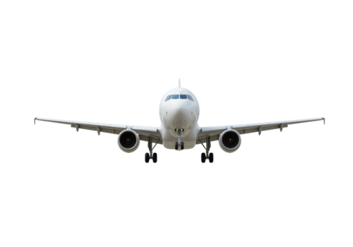 Isolated Airliner Jet, Flying Front On, Underbelly View with Undercarriage and Visible Engine Nacelles, Airplane Landing with Retracted Gear, White Commercial Passenger Aircraft