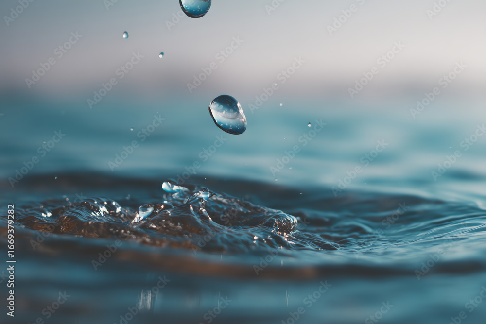 Poster close-up of water droplets falling and splashing on a calm blue water surface, creating ripples and 