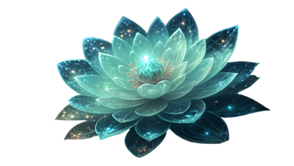 Luminous sapphire crystal lotus glowing isolated on a transparent background flower translucent