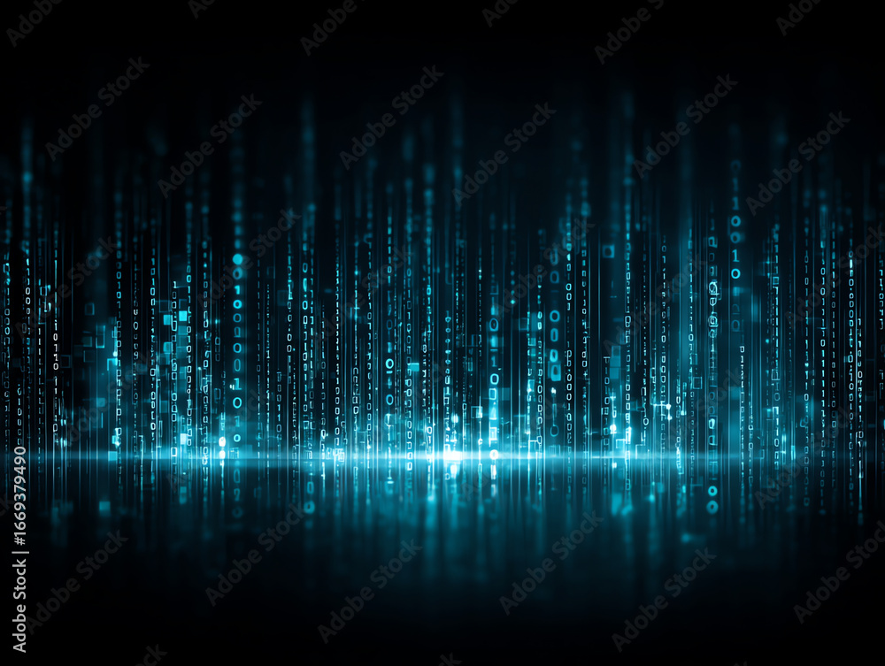 Poster futuristic digital code streams in blue light cascade vertically against a dark background, evoking 