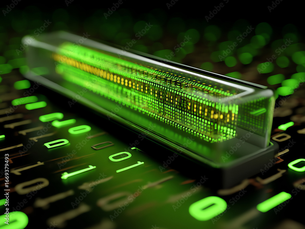 Poster a close-up of a digital glass tube displaying glowing green binary code, symbolizing futuristic tech