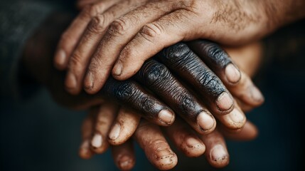 Multiracial hands together show diversity, unity, connection, and support, emphasizing inclusion and teamwork.