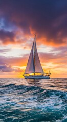 Sailing yacht at sunset on the ocean.