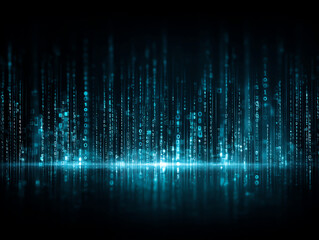 Futuristic digital code streams in blue light cascade vertically against a dark background, evoking themes of technology, data flow, and cyber landscapes
