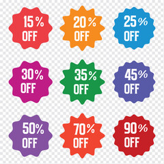 Set of percentage icons 15%, 20%, 25%, 30%, 35%, 45%, 50%, 70%, 90% in colorful circular variety style. Perfect for discounts, sales, offers, infographics, business reports, analytics, and marketing.