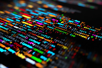 Colorful programming code displayed on a dark screen, showcasing lines of syntax, variables, and functions in a blurred, artistic close-up