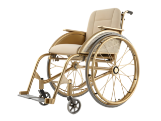Luxurious gold wheelchair with cream upholstery isolated on a transparent background luxury