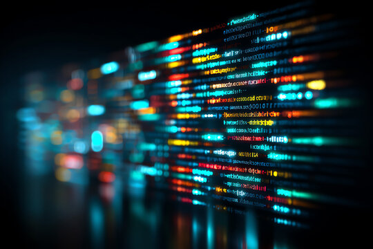 Colorful digital code lines on a dark screen, representing programming, software development, or data processing in a high-tech, futuristic environment