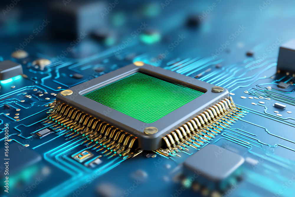 Poster close-up of a microchip with a green surface mounted on a blue printed circuit board featuring gold 