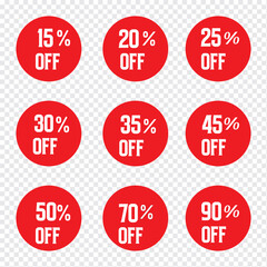 Set of percentage icons 15%, 20%, 25%, 30%, 35%, 45%, 50%, 70%, 90% in colorful circular variety style. Perfect for discounts, sales, offers, infographics, business reports, analytics, and marketing.
