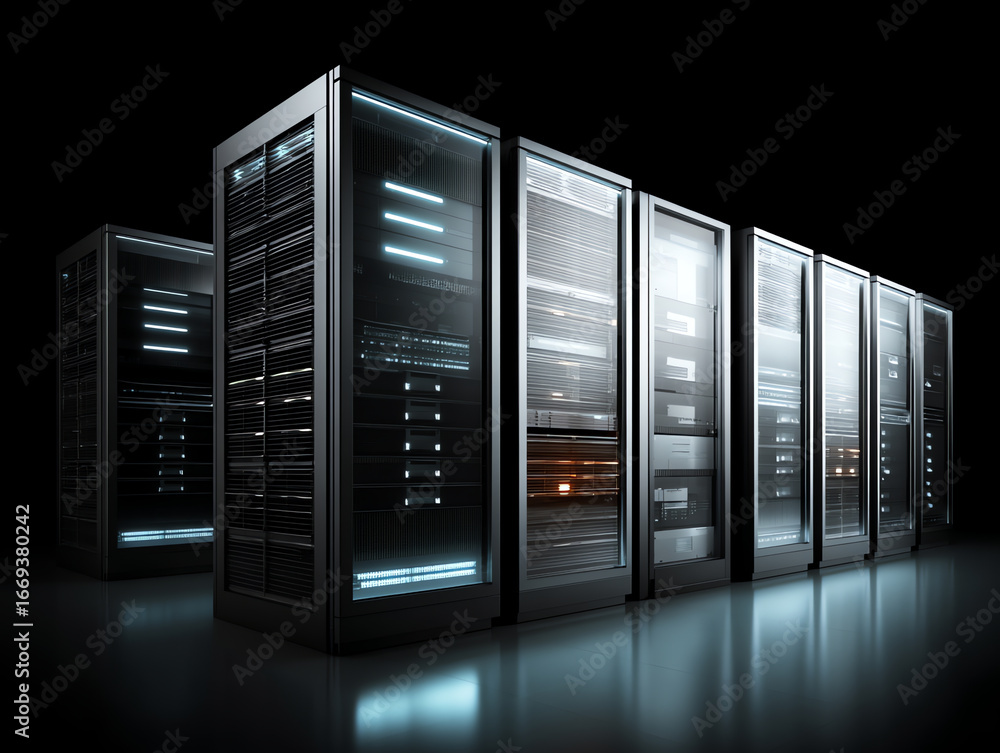 Poster row of illuminated data servers in a dark room, showcasing modern technology infrastructure with hig