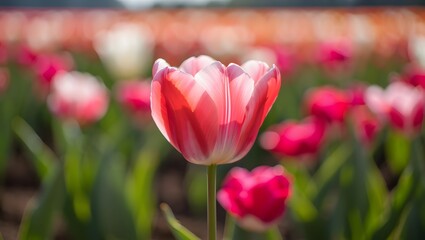 Pink and white tulip in a field of flowers