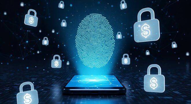 Secure mobile banking with fingerprint ID and dollar symbol padlocks for modern financial technology