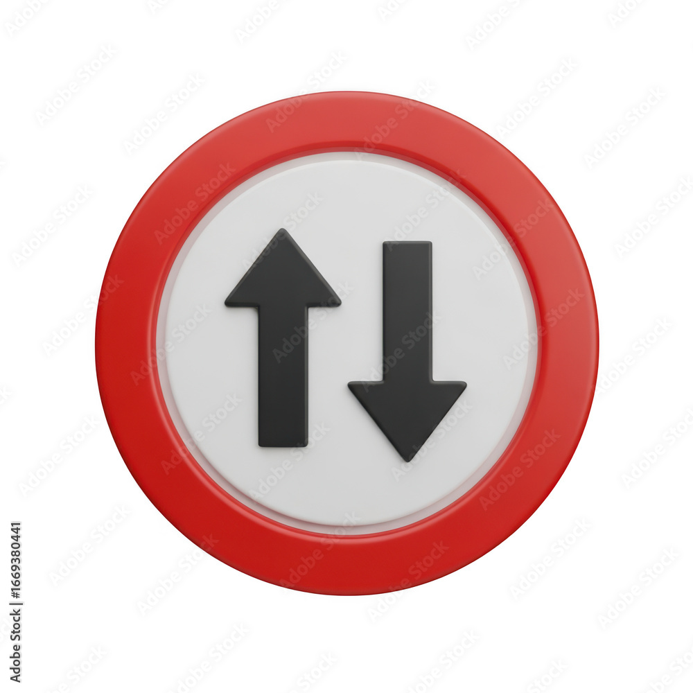 Poster 3d icon of a red and white circular traffic sign with two black arrows pointing in opposite directions, isolated on transparent background