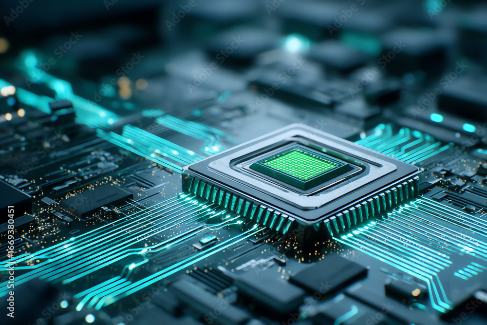 Poster close-up of a futuristic microchip on a circuit board with glowing blue pathways, highlighting advan