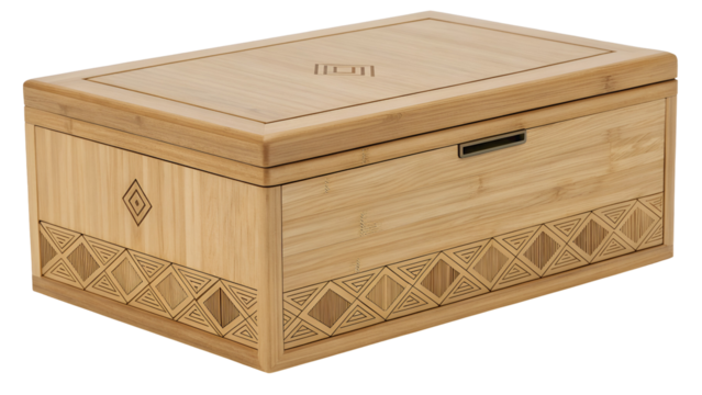 Natural bamboo chest with geometric carvings and drawer isolated on a transparent background