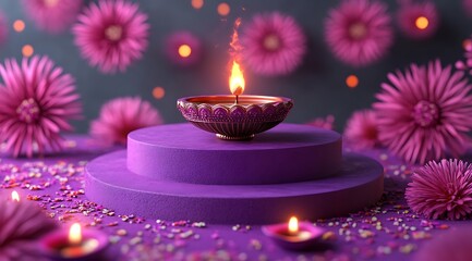 Lit diya on purple podium with pink flowers and scattered confetti lamp oil lamp