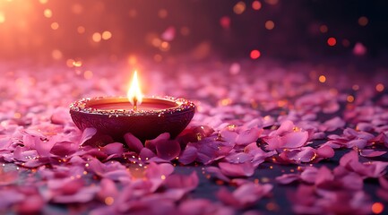 Lit diya surrounded by pink rose petals and golden bokeh lights lamp candle