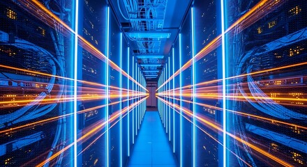 Modern data center server room with vibrant blue and orange lights for secure data storage and processing