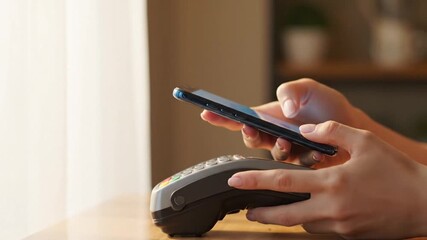 Close Up of Hands Using Smartphone for Contactless Payment Over Terminal Transaction Modern Mobile Technology Digital Finance with Sunlit in  Banking and Cashless Convenience - Powered by Adobe